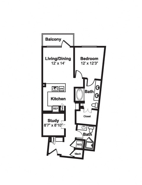 Floor plan for 1 bed, 1 bath, 950 sqft